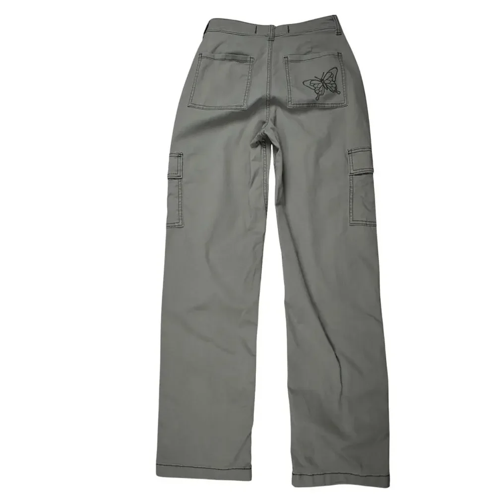 Hollister Women's Cargo Dad Pants 00 / 24 Green Butterfly Ultra High Rise Y2K